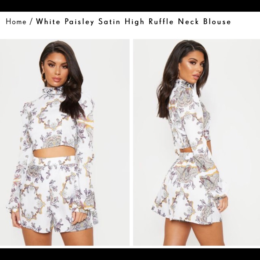 White Paisley Satin High Ruffle Neck Blouse
